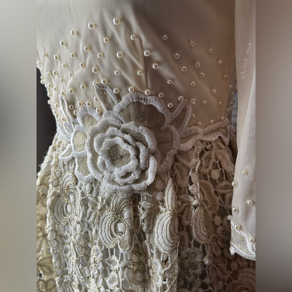 Metisu sheer top beige and gold floral pearl party dress.  Nwt - Picture 7 of 13